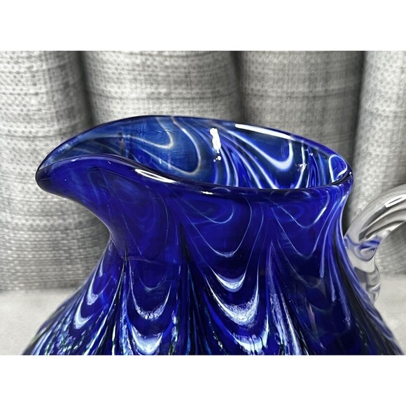 Kyle Gribskov Cobalt Blue Iridescent Inlaid Swirls Wave Blown Art Glass Pitcher - Picture 13 of 16